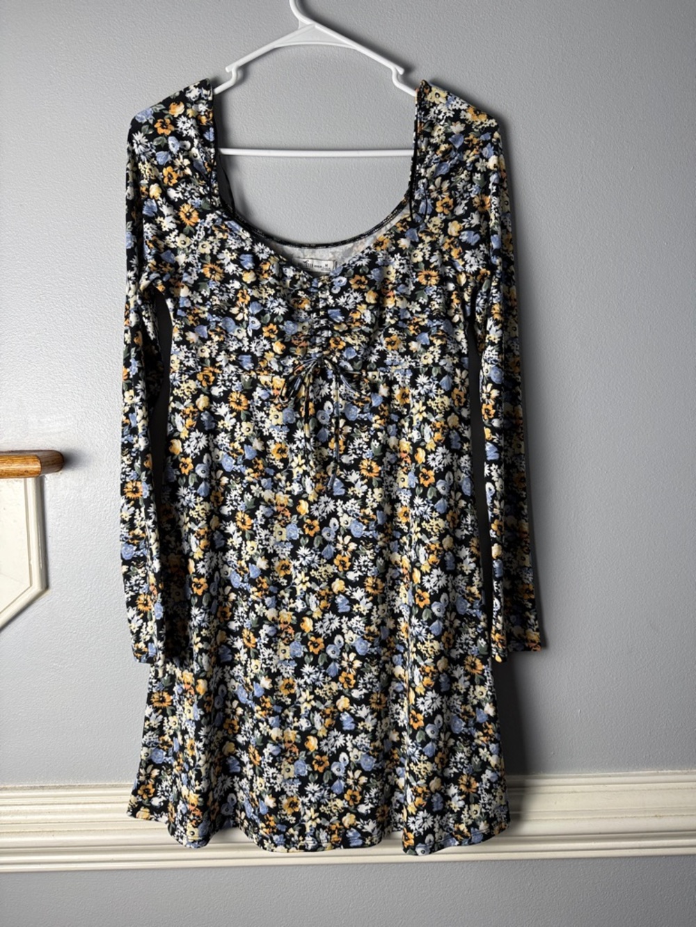 Floral Long-Sleeve Swing Dress in Black and Yellow